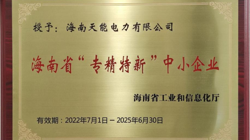 喜讯！海南天能电力有限公司荣获海南省&ldquo;专精特新&rdquo;中小企业荣誉